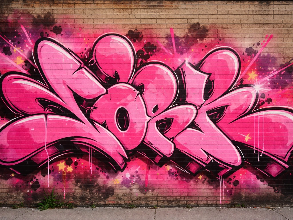 Close portrait-style photo of a single wall covered in bold pink graffiti letters and spray-paint texture.