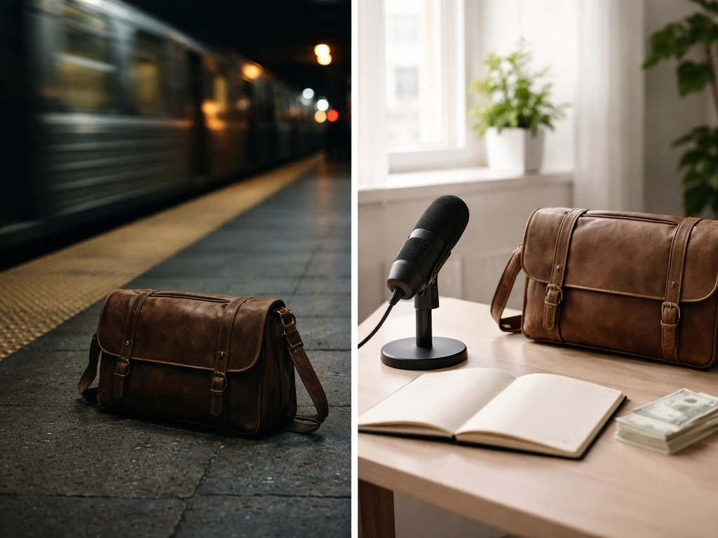 Split-scene photo: dim subway platform light transitioning to a bright modern studio desk with cash-like props