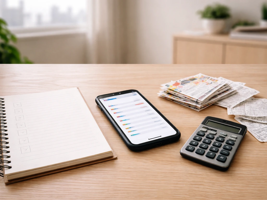 Minimal desk with coupons, receipts, checklist notebook, and budgeting phone for net worth research cues.