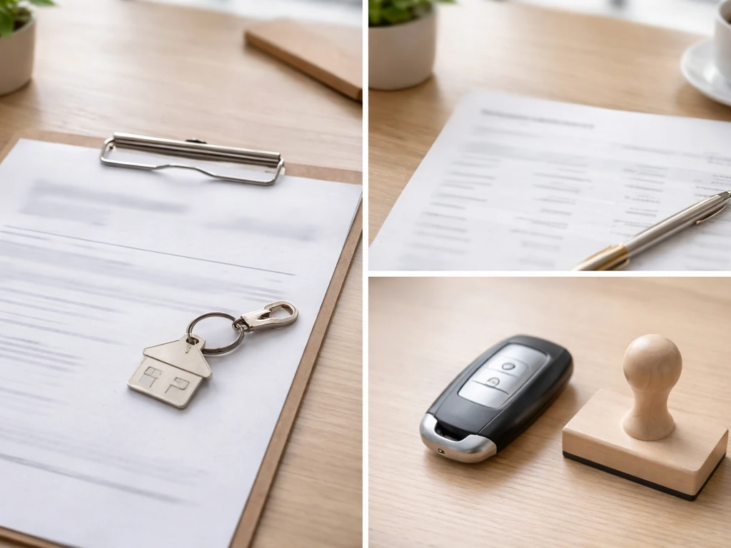 Minimal desk collage of blurred property record, blurred investment statement, and a vehicle/LLC equity icon
