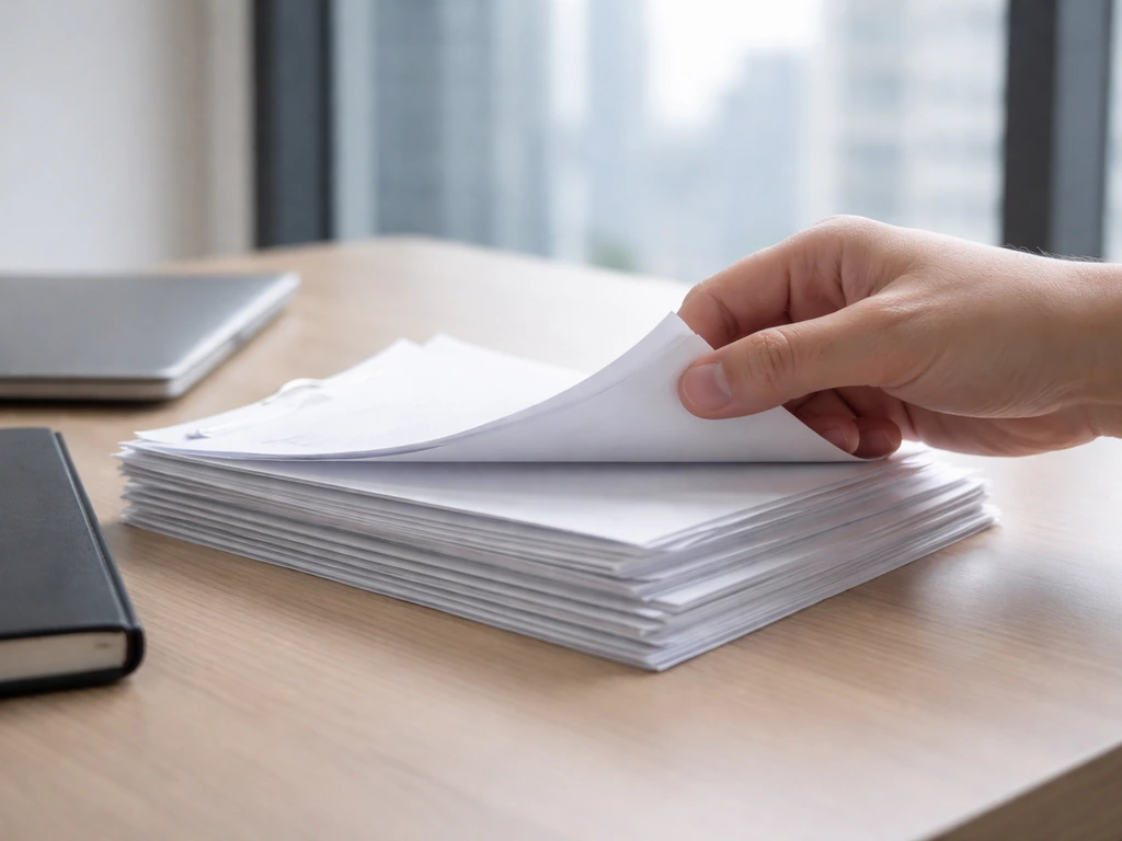 Close-up of an anonymous hand sorting financial documents beside a laptop, symbolizing reliable source research.