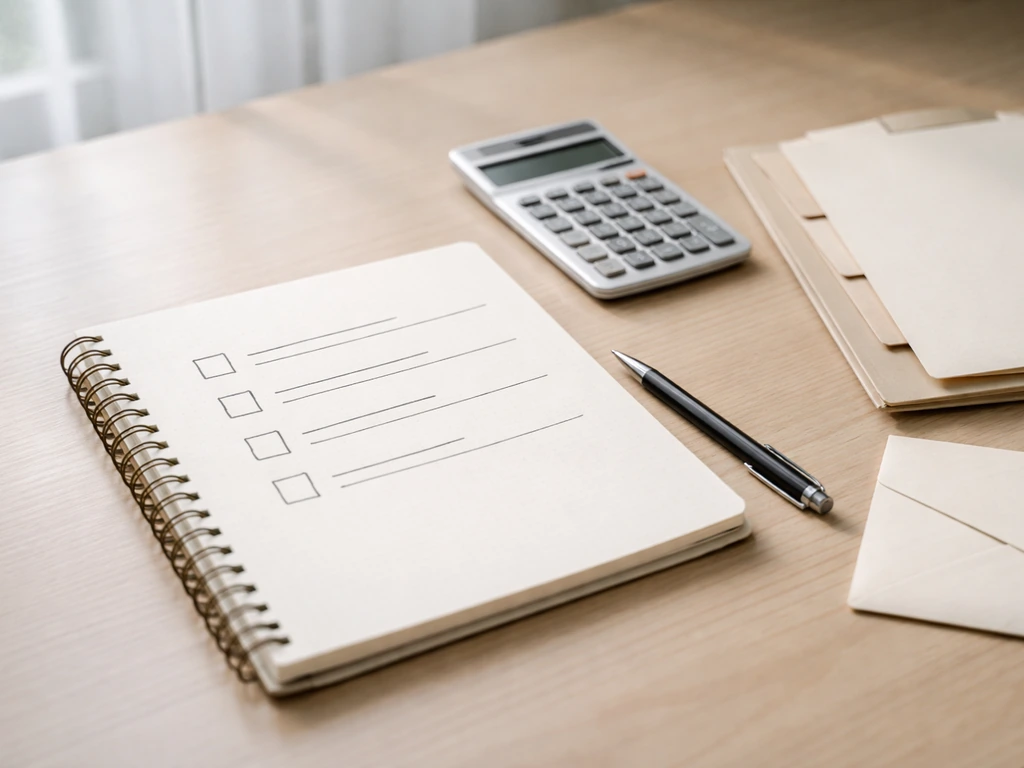 Minimal desk with open notebook checklist, calculator, and blank folder suggesting budget next steps.