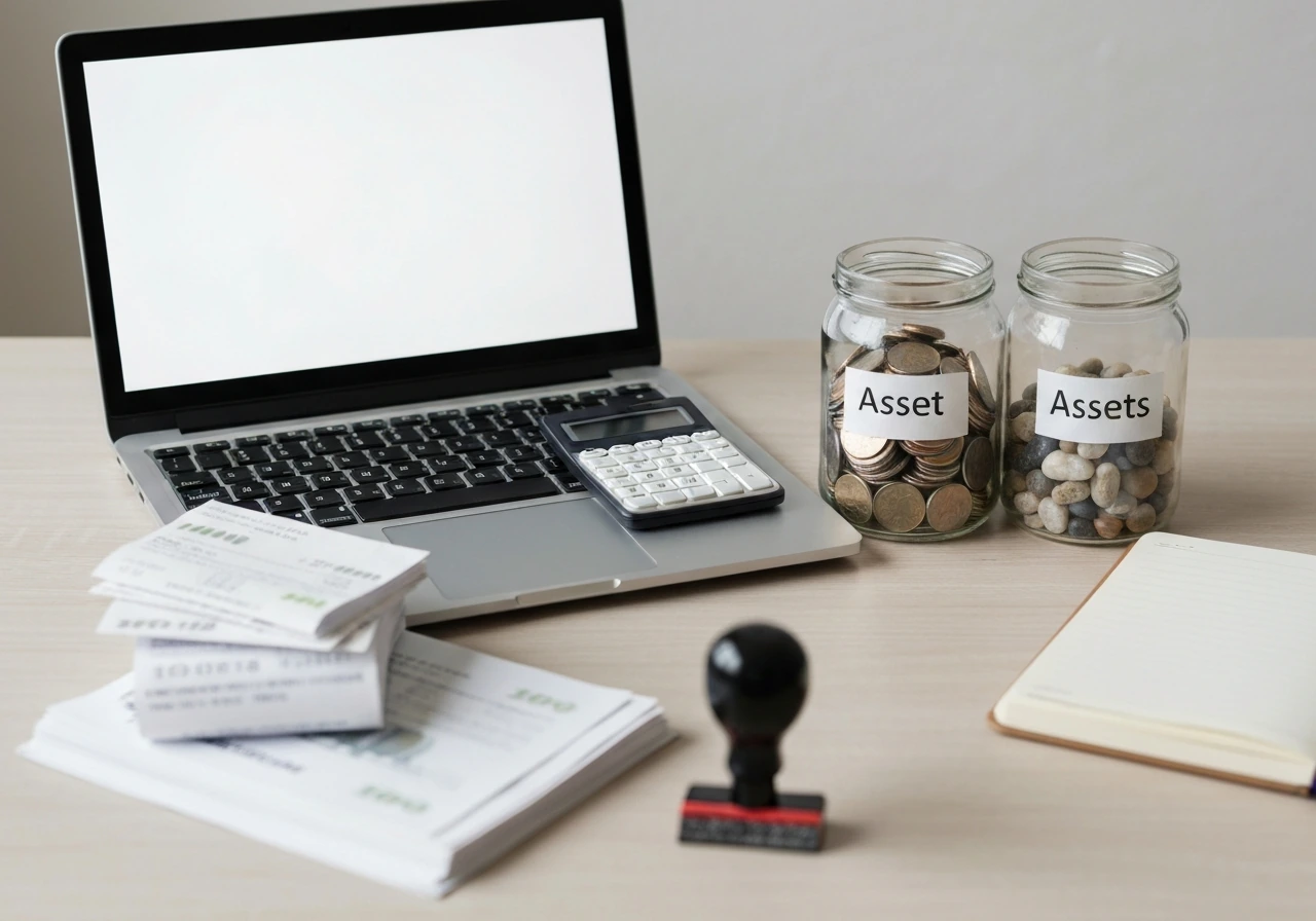 Minimal photo of a creator’s workspace with scattered cash, receipts, and a calculator symbolizing income vs net worth.
