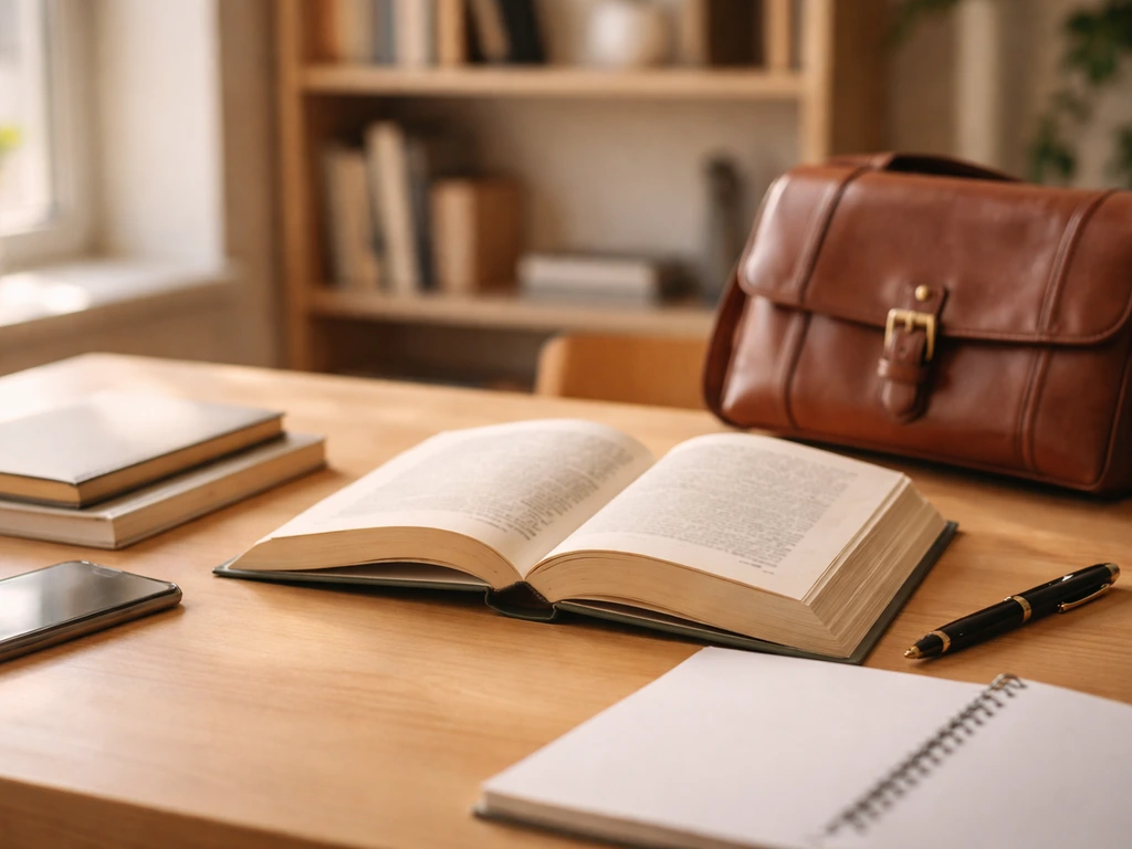 Minimal study desk with open anthropology book, notebooks, and pen, suggesting academic and consultancy work.