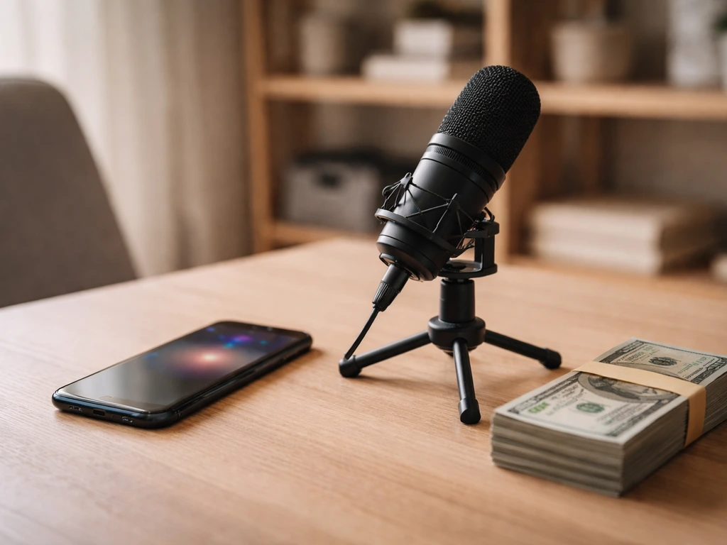 Minimal photo of an influencer-style creator desk with a smartphone, cash, and a studio microphone