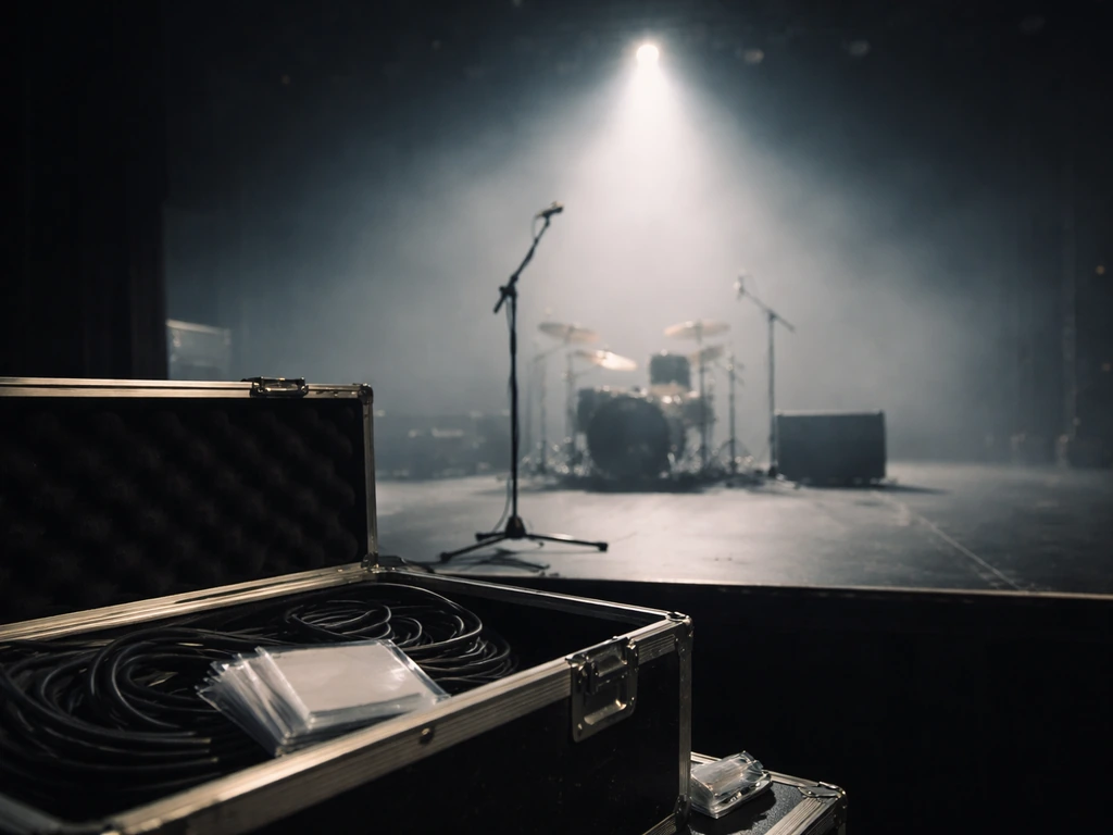 Empty concert stage with spotlight and tour gear, symbolizing touring as the source of wealth