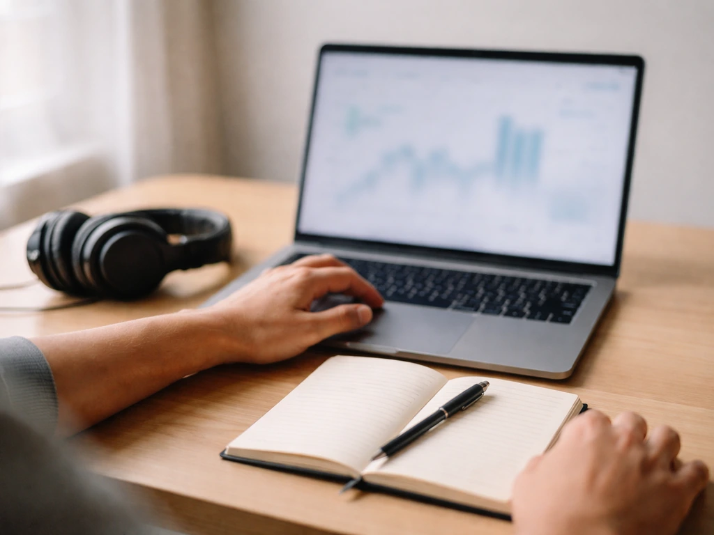 Person at a desk reviewing tour-earnings sources on a laptop with a notebook and pen.