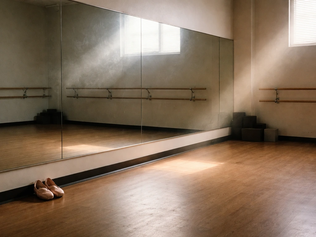 Empty dance studio with a warm spotlight on a practice mirror, evoking a founder’s coaching presence