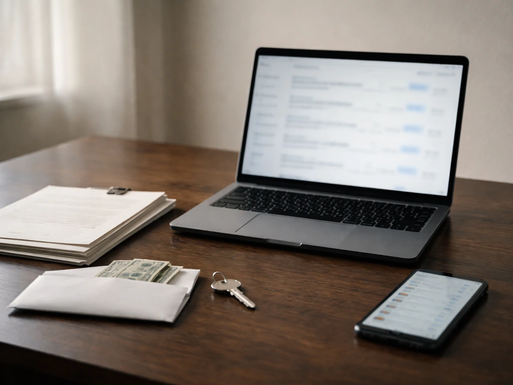 Minimal desk scene with laptop, business registry style search page, property documents, and cash symbols