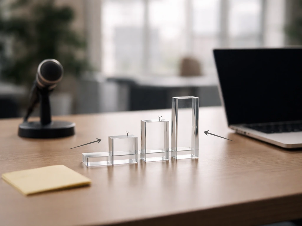 Minimal office desk with clear acrylic range blocks and unlabeled arrows suggesting a net-worth uncertainty spectrum.