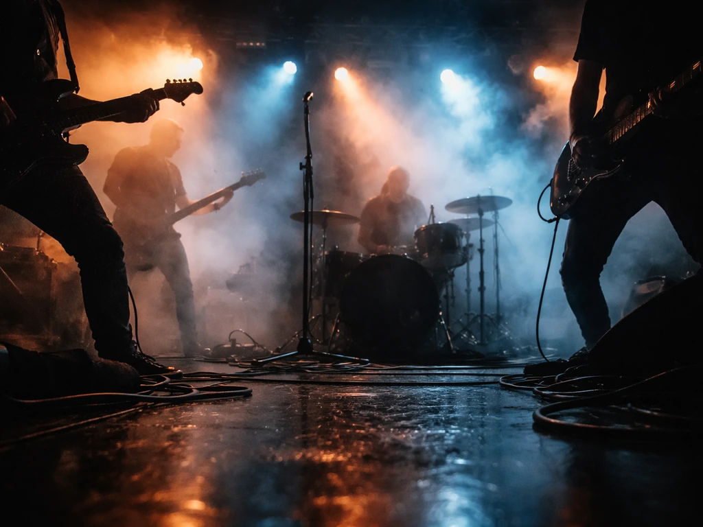 Low-angle concert stage with bright spotlights, smoky atmosphere, and anonymous musicians silhouetted.