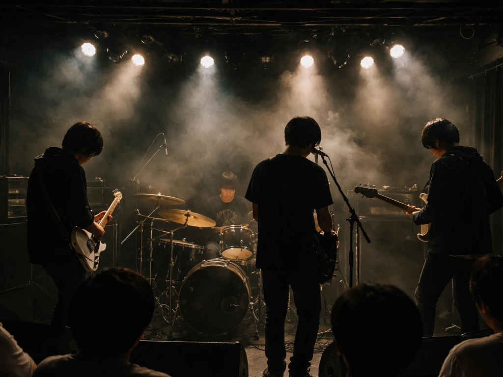 Anonymous rock band performing onstage with guitars and drums in soft concert lighting.