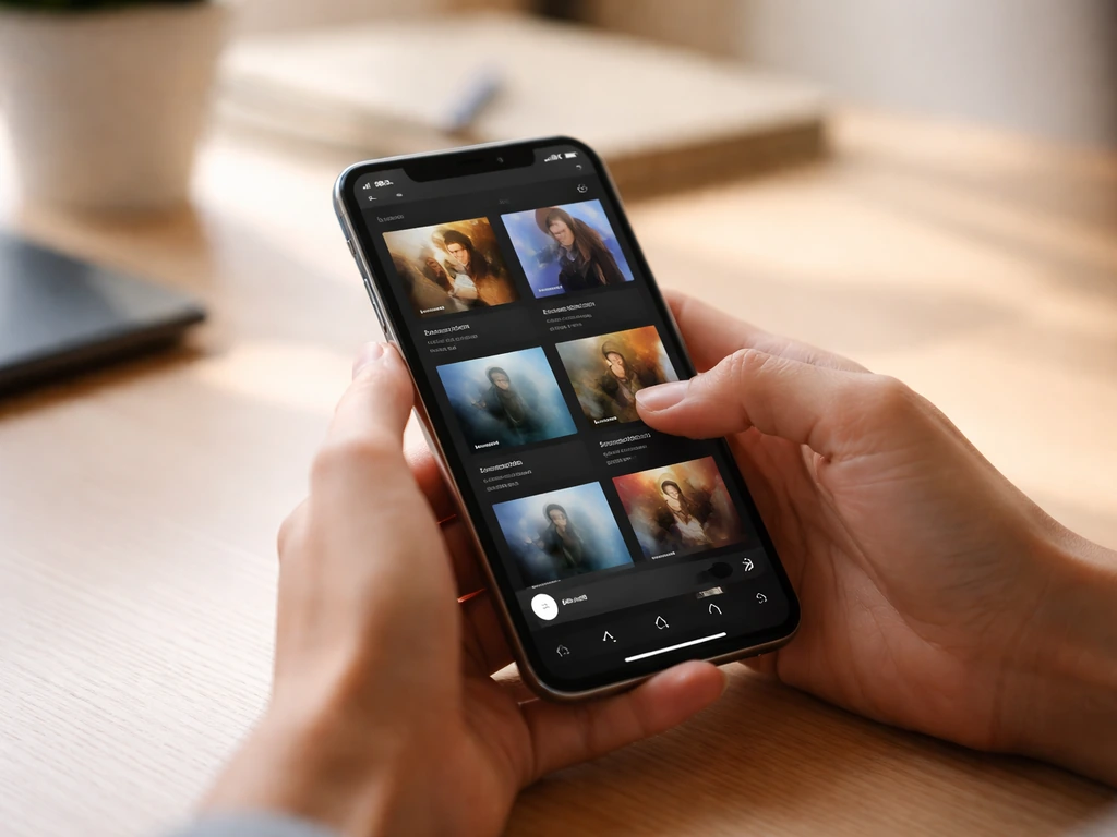 Hands holding a smartphone streaming music on a clean desk, suggesting streaming-driven revenue.