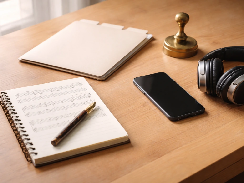 Minimal desk scene with music notebook, pen, headphones, and blank stamped paperwork concept for publishing royalties.