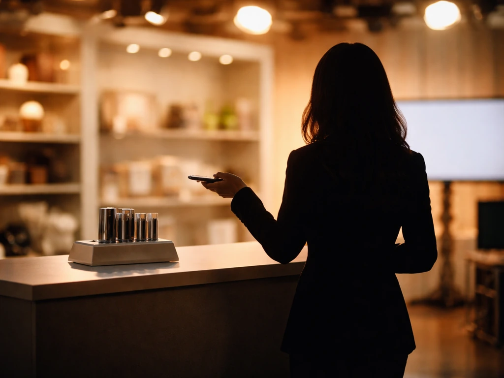 Luxury studio scene with a presenter silhouette and warm studio lights symbolizing QVC wealth and media success.