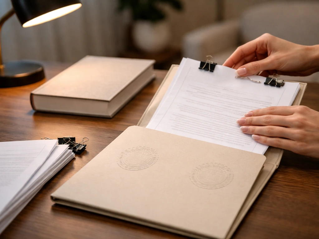 Close-up of patent documents and a hardcover book on a desk, hands organizing the papers.