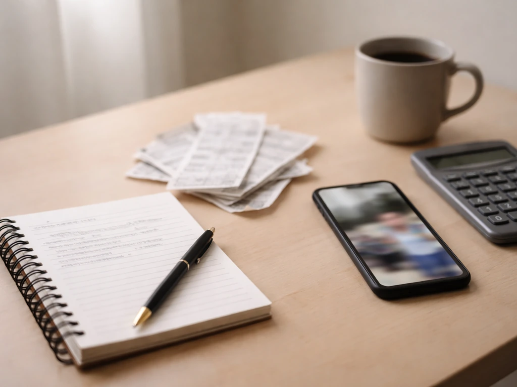 Budget notebook, receipts, and a smartphone on a desk suggesting social media net-worth verification.