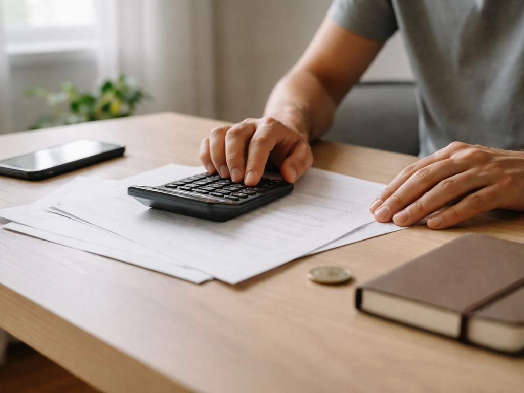 Minimal desk scene with a calculator and scattered documents symbolizing wrong vs corrected net-worth research