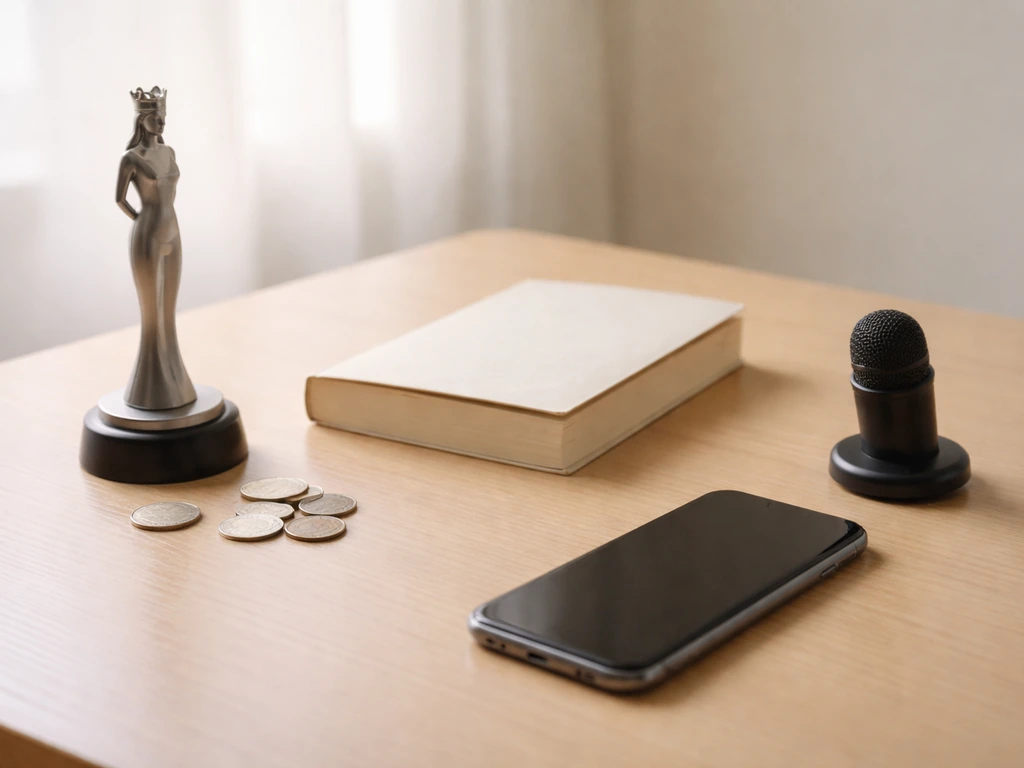Minimal desk scene with trophy-like object, closed book, and dark phone suggesting three net-worth contexts.