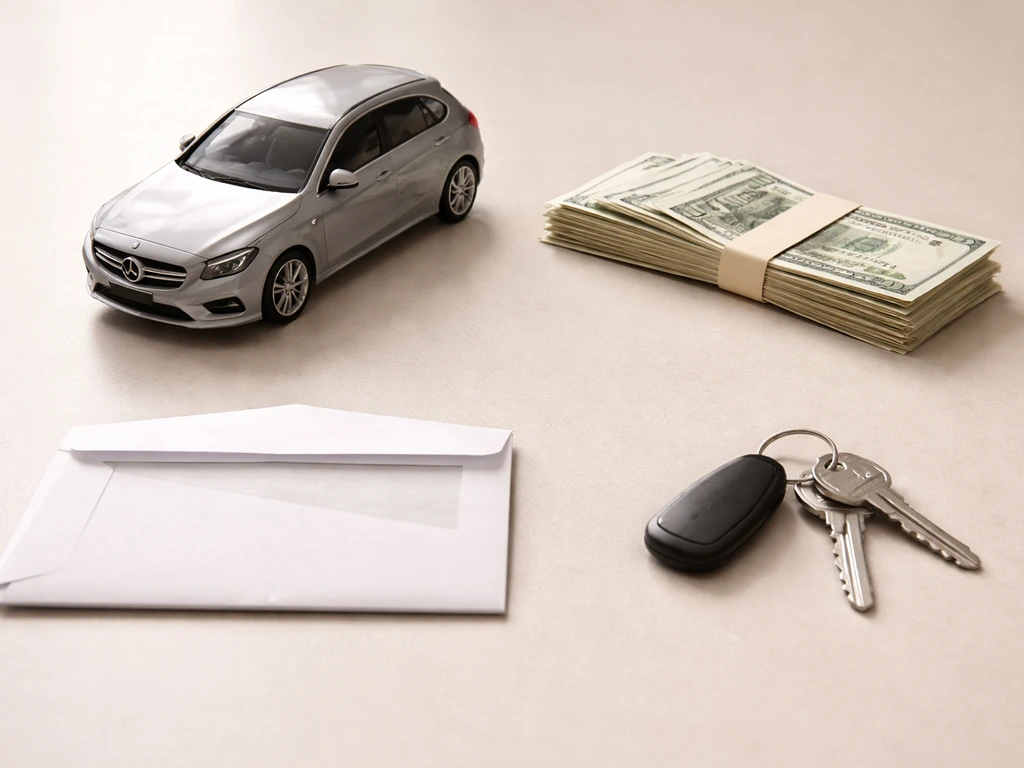 Close-up items laid out on a neutral table: car, cash, a document, and keys for temporary housing.
