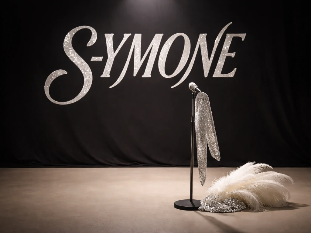 Symone-branded promo poster backdrop with bold spelled name, studio lighting, and a drag-glam microphone stand