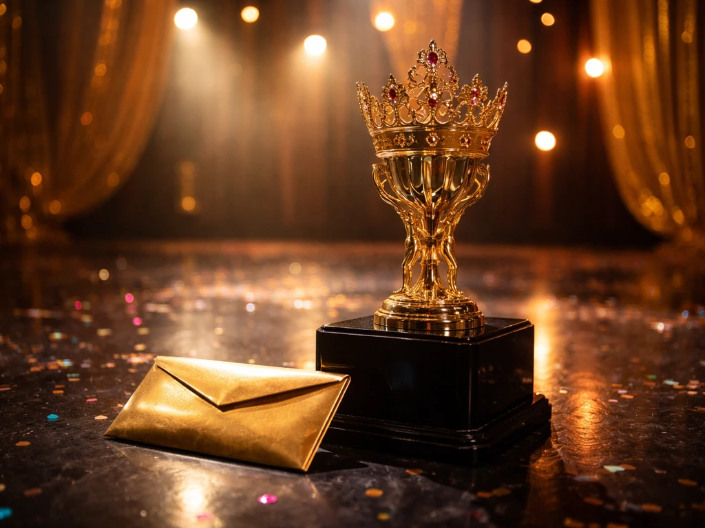 Gold trophy on a pedestal with soft stage lights and confetti, evoking a Drag Race winning prize moment.