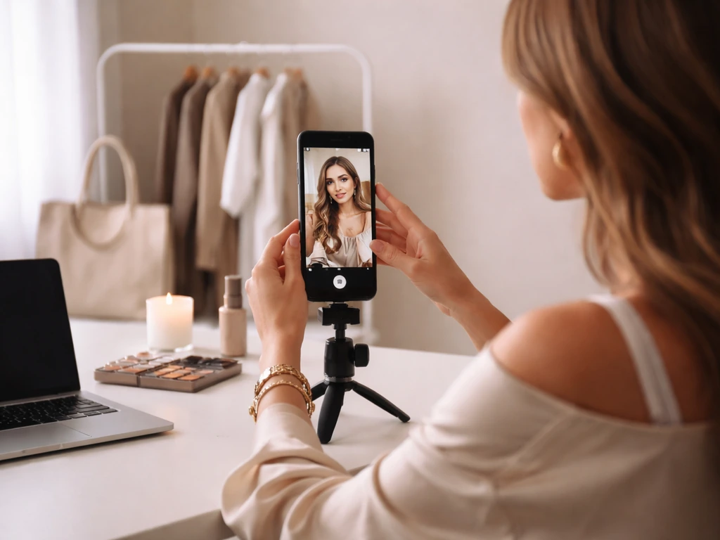 A smartphone showing an anonymous creator filming in a cozy room, hinting at social media income