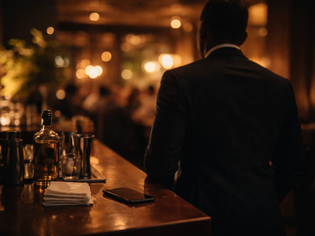 Anonymous entrepreneur in a Lagos lounge near a bar and smartphone, warm lights suggesting nightlife and business planni