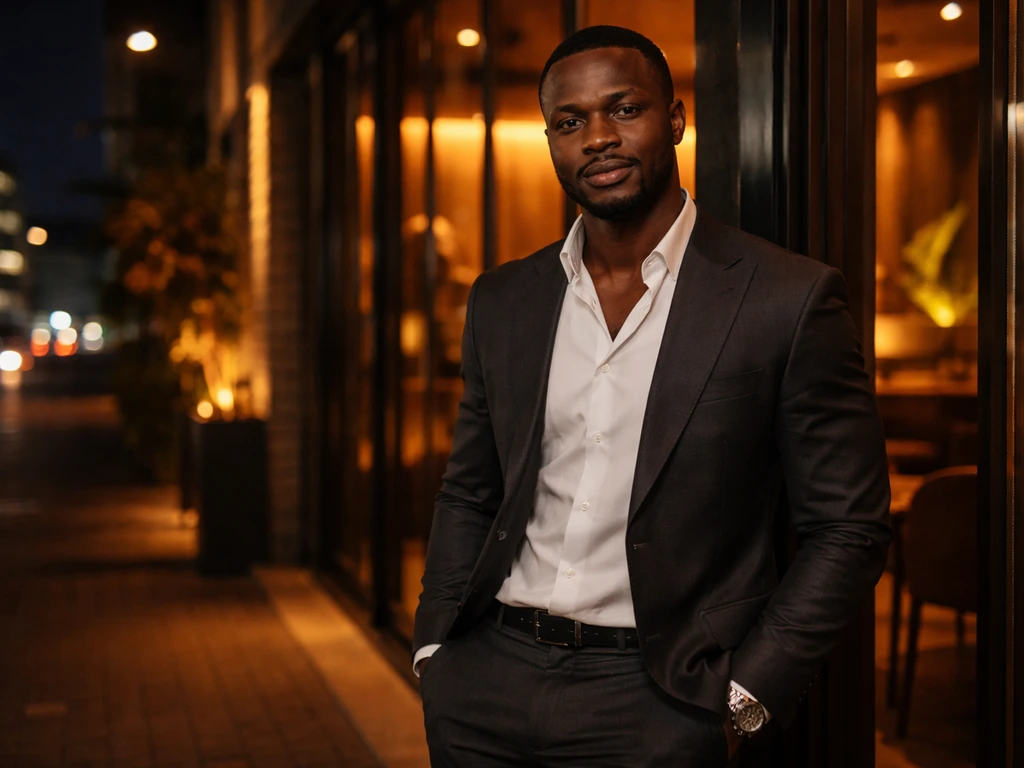 Nigerian nightlife entrepreneur standing by a Lagos bar entrance at night, warm lights, confident posture