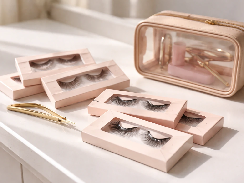 Neatly arranged falsies lash product packages and a clear case on a white vanity in natural light.