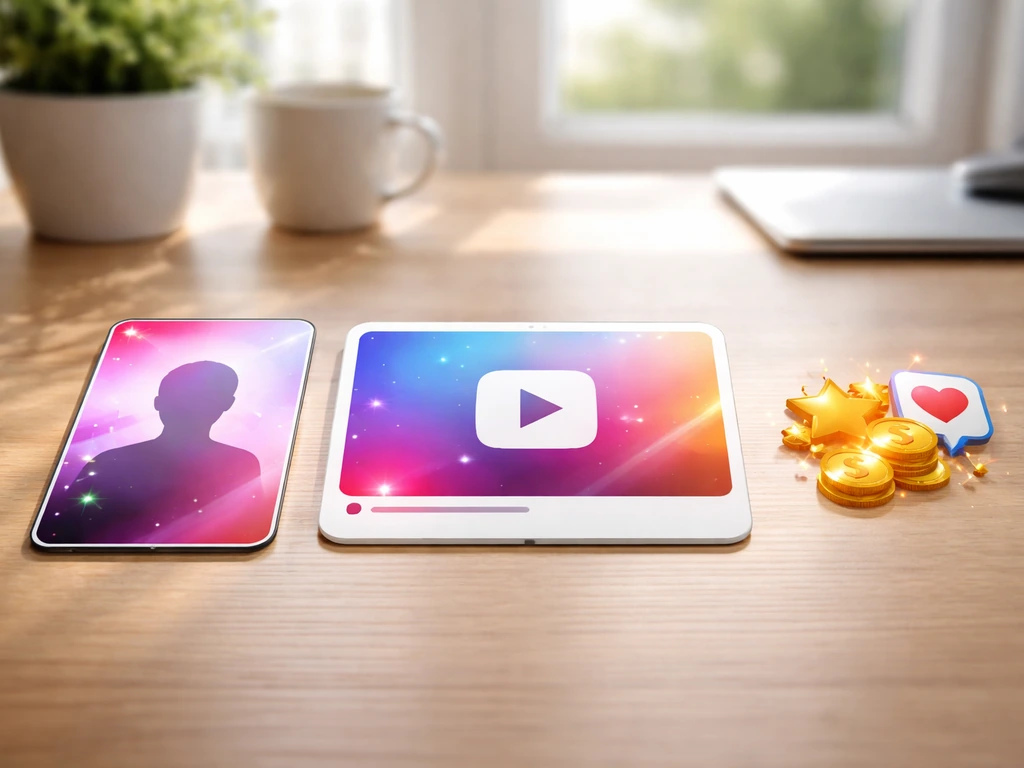 Minimal desk scene with three anonymous creator content thumbnails/icons suggesting platform monetization and income.