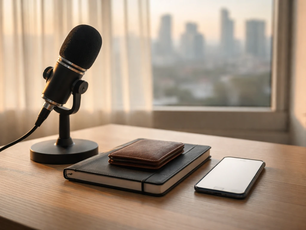 Minimal studio desk with microphone, notebook, and wallet near a window with city light behind.