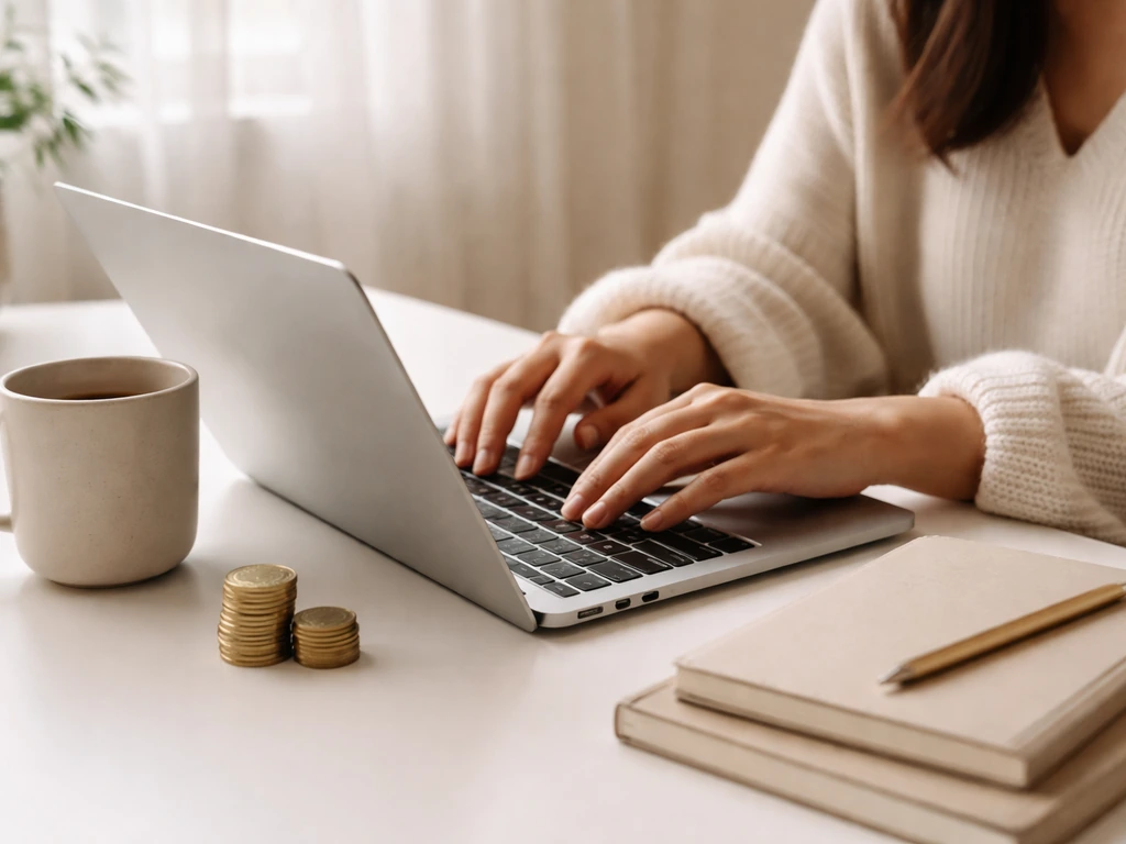 Anonymous hands on a laptop desk with coins, suggesting a creator behind a mindset and social-media brand.
