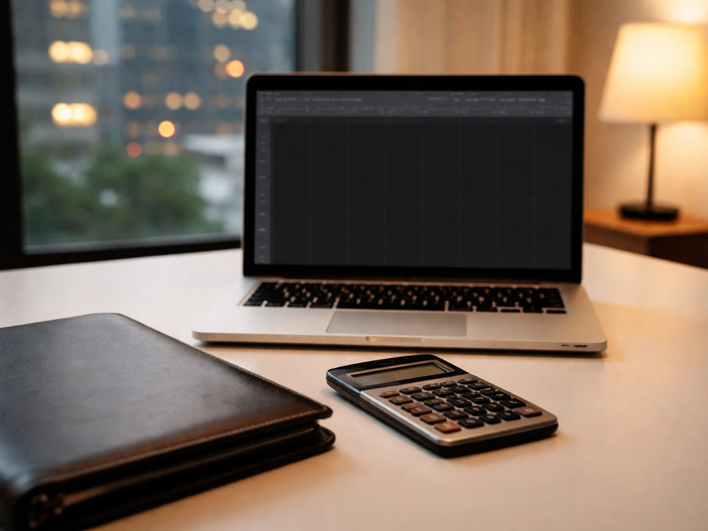 Minimal desk scene with laptop and calculator symbolizing revenue/profit assumptions and net worth analysis.