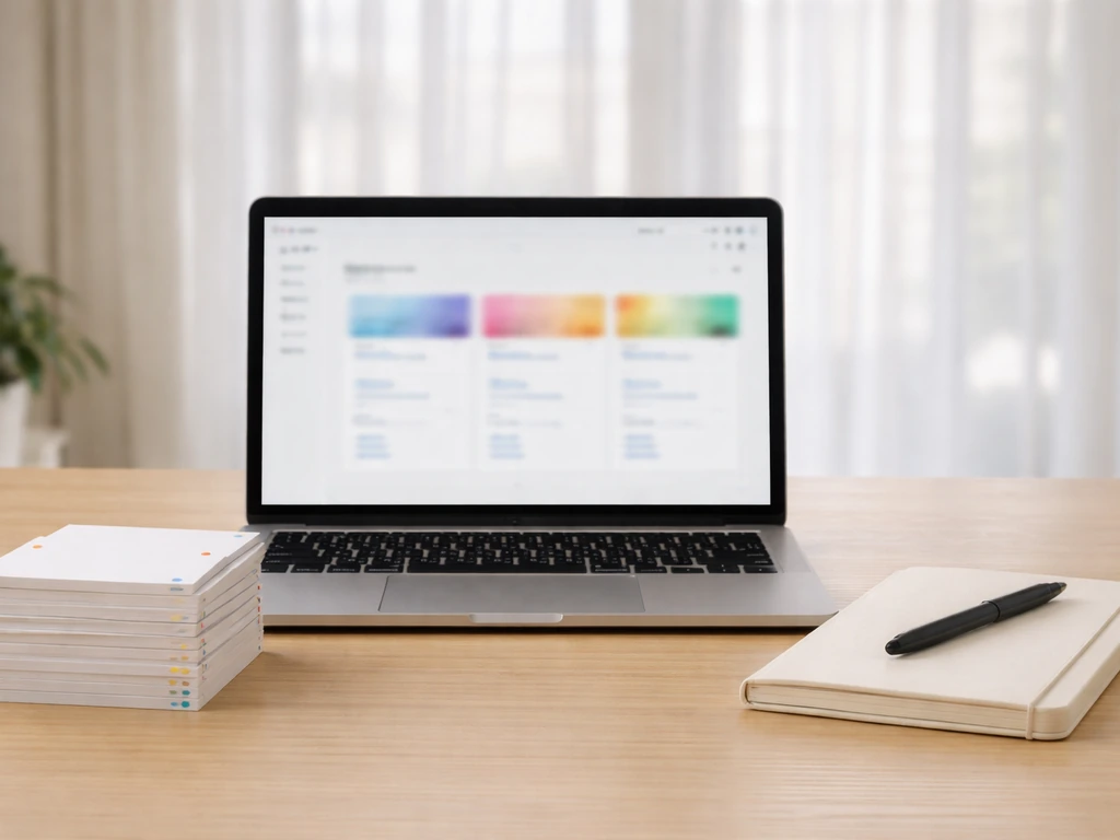Minimal desk scene with a laptop and simple course materials representing a 20-week digital program.