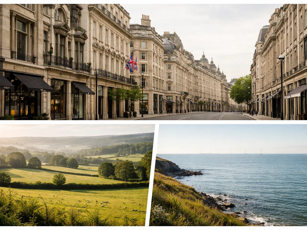 Collage of representative UK holdings: London buildings, rural fields, and a coastline at sea level.