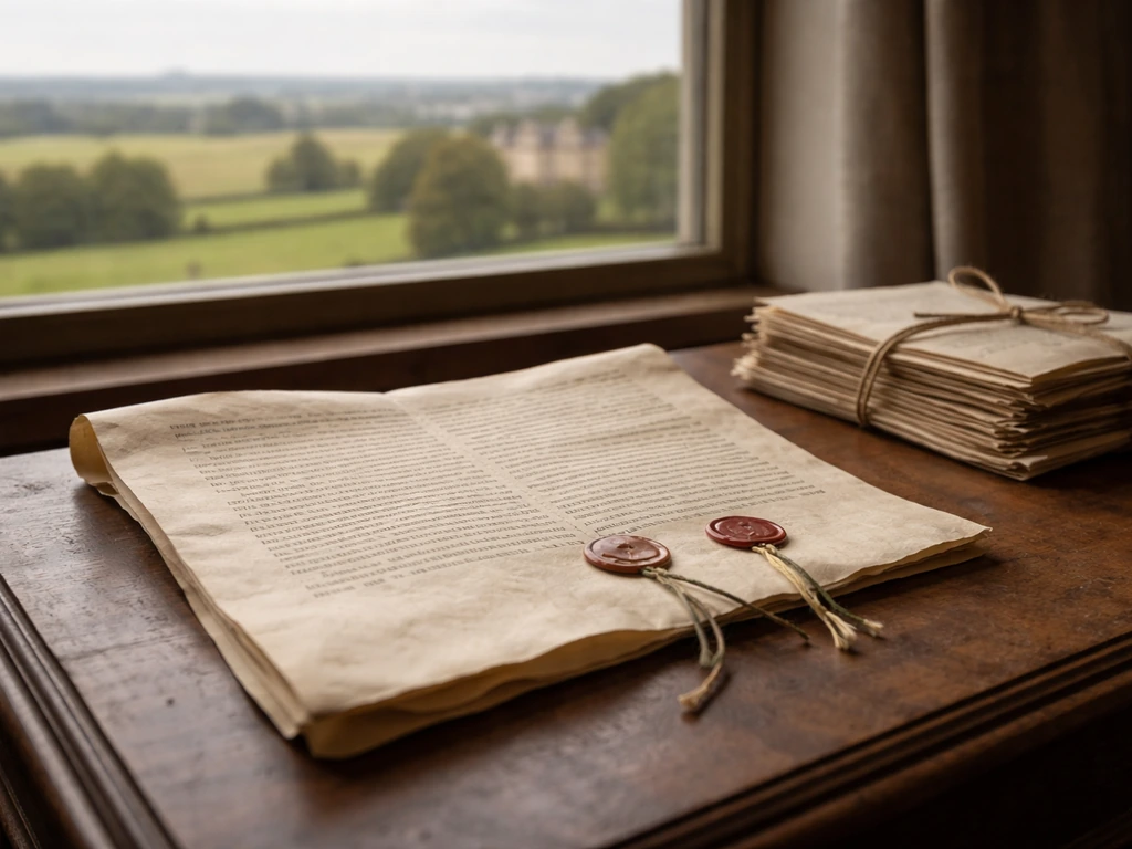 A parchment charter and tied papers on a desk, with blurred farmland and an estate manor outside.