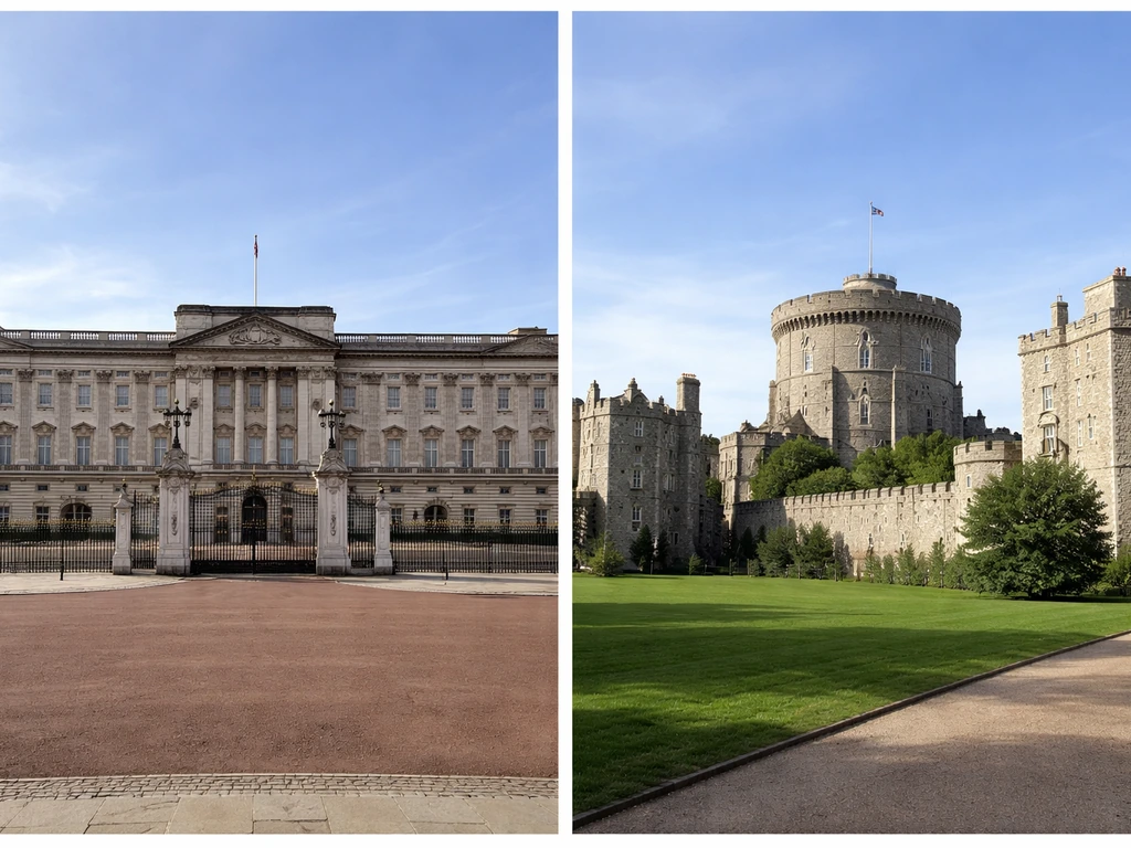 Split photo of Buckingham Palace and Windsor Castle exteriors under natural daylight, no people or text.