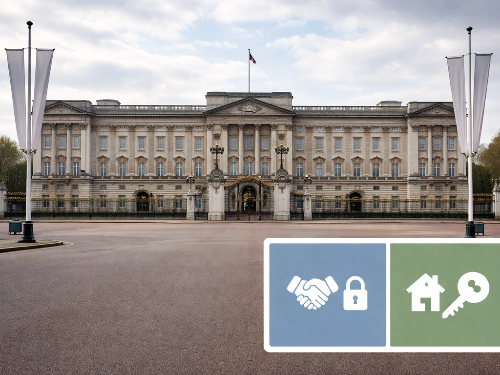 Buckingham Palace exterior with a clear inset visual showing held in trust versus private property