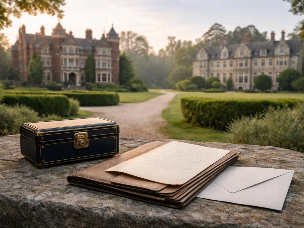 Quiet outdoor view of two stately UK estates with a locked jewelry casket and blank transfer documents in foreground