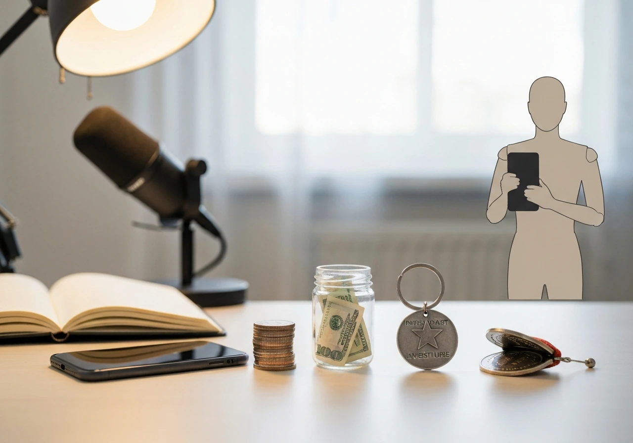 Minimal desk scene with money icons and a creator-style workspace suggesting net worth estimation