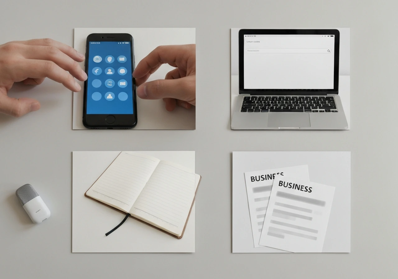 Minimal desk collage showing anonymous phone and laptop screens for identity verification without readable text.