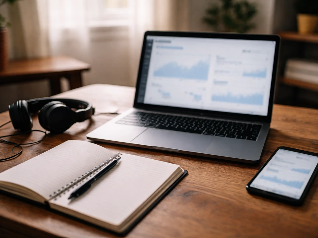 Minimal desk scene with a laptop and smartphone showing blurred analytics-style visuals for research sources