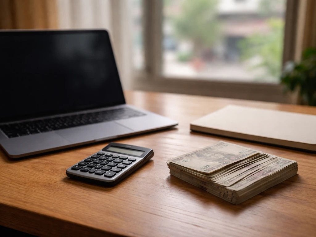 Minimal desk scene with a calculator and laptop beside Indian rupee notes, symbolizing a net-worth estimate range.