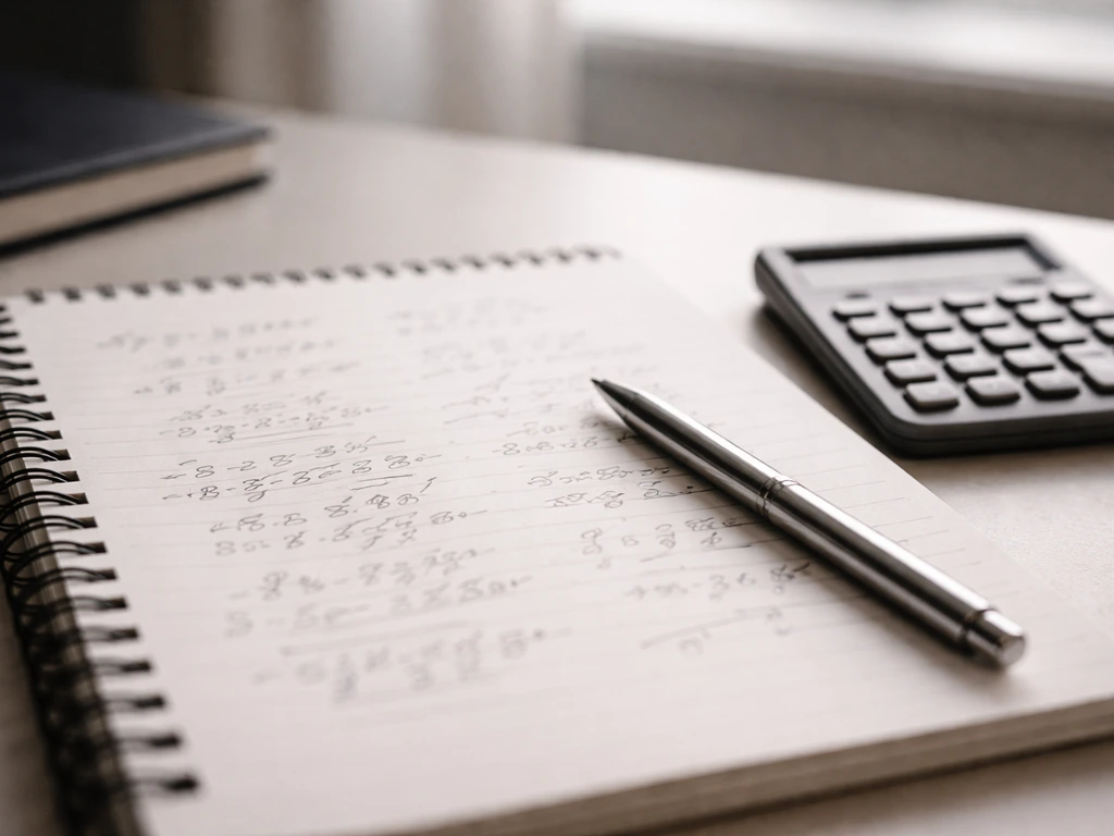 Handwritten-style worksheet with a pen and calculator in a quiet studio office, suggesting TV pay calculations
