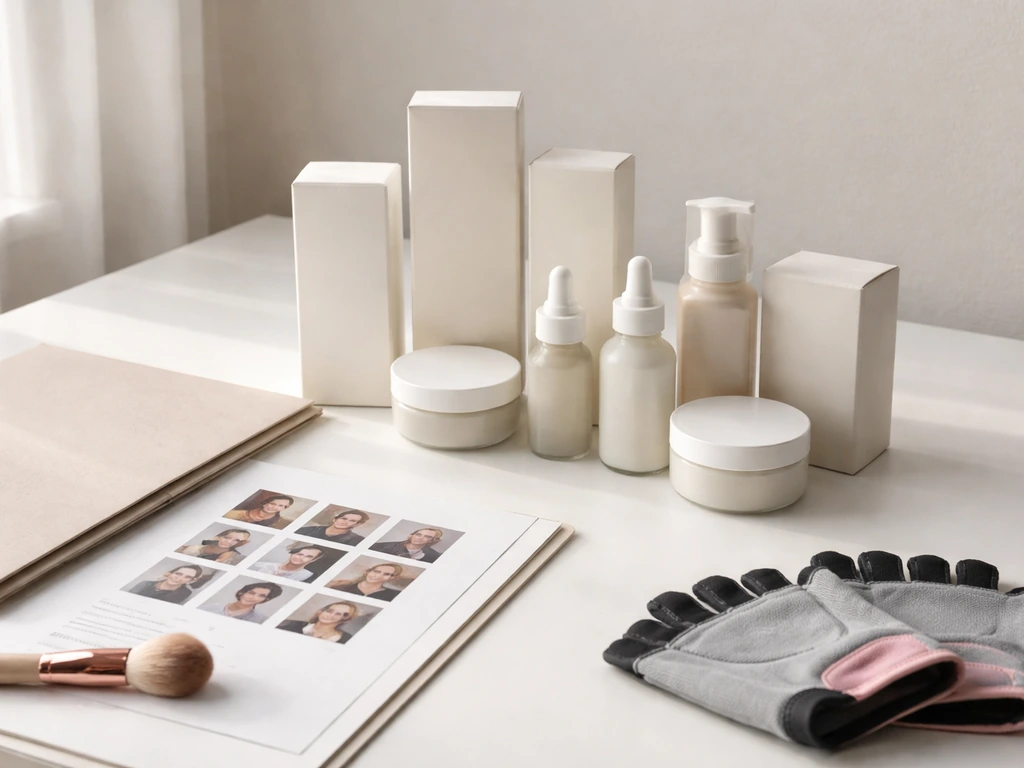 Cosmetics and fitness mock packaging beside a contact sheet and media kit on a clean desk