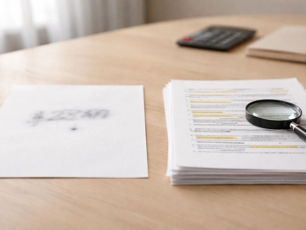 Minimal desk scene with two side-by-side papers suggesting vague vs breakdown-style money claims