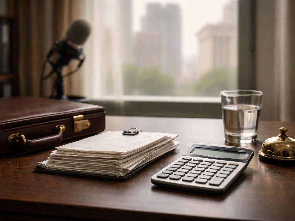 Minimal finance desk with receipts, calculator, briefcase, and blurred studio microphone—symbolizing taxes and overhead.