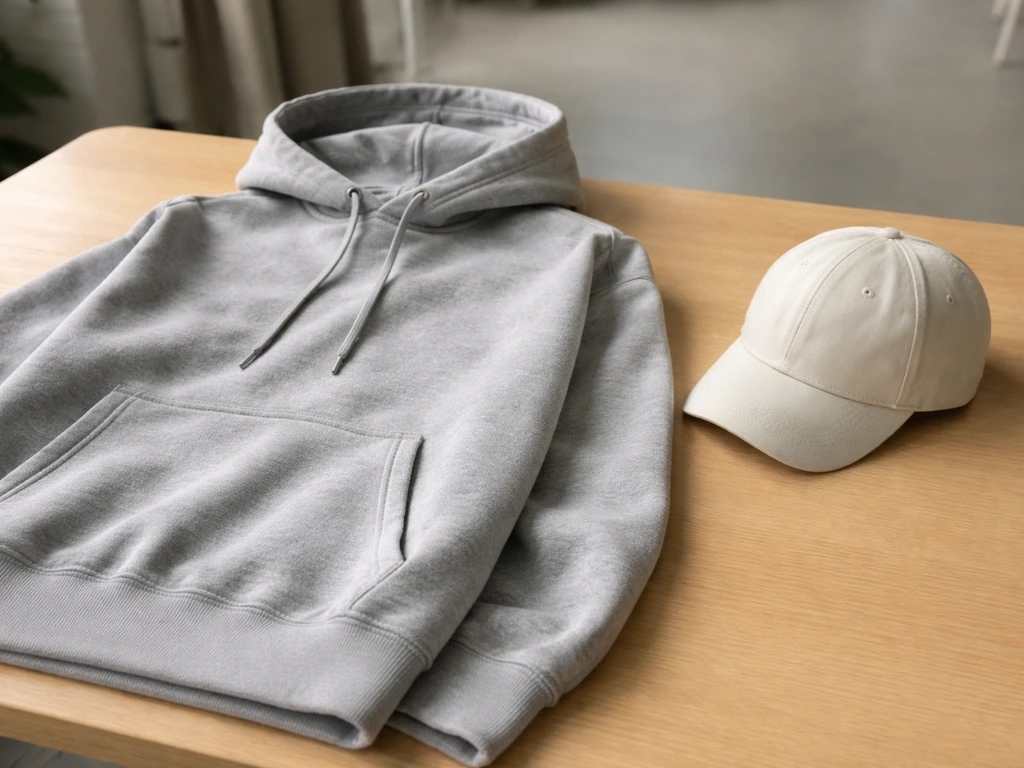Hoodie and cap laid on a light wood table in soft natural light, minimalist merchandise product shot.