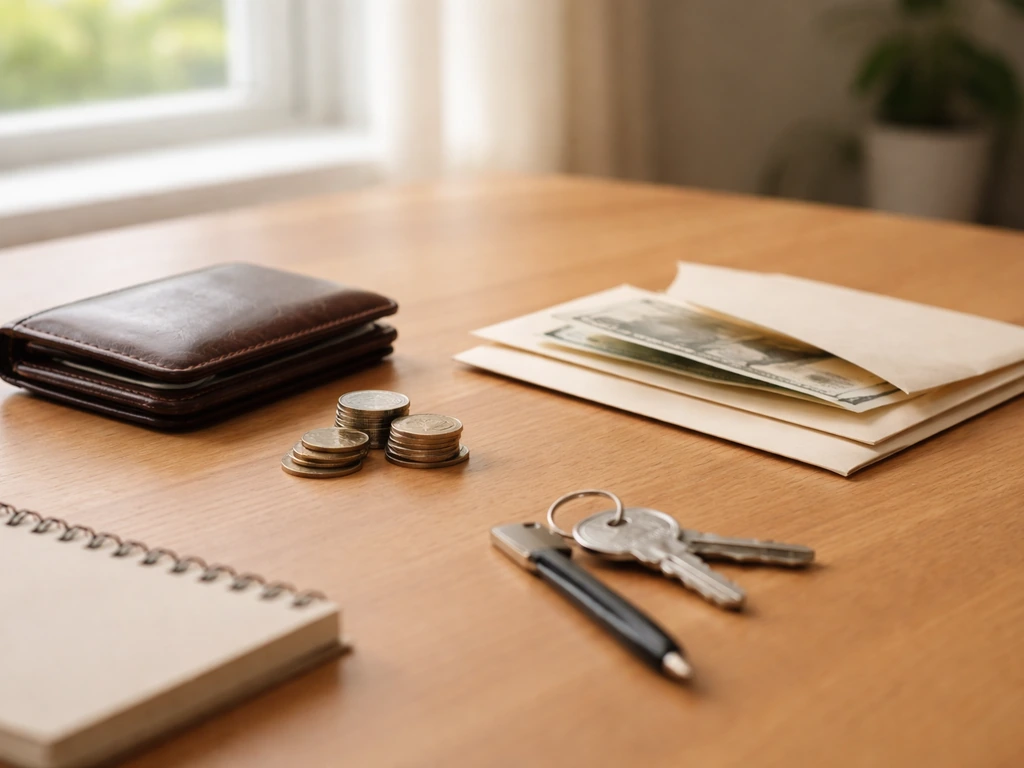 Minimal desk scene with scattered envelopes, a wallet, and a small stack of coins beside a key, symbolizing assets minus
